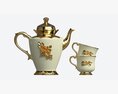 Teapot And Cups Decorated With Golden Flowers 3Dモデル