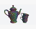 Teapot And Cups Decorated With Golden Flowers 3D模型