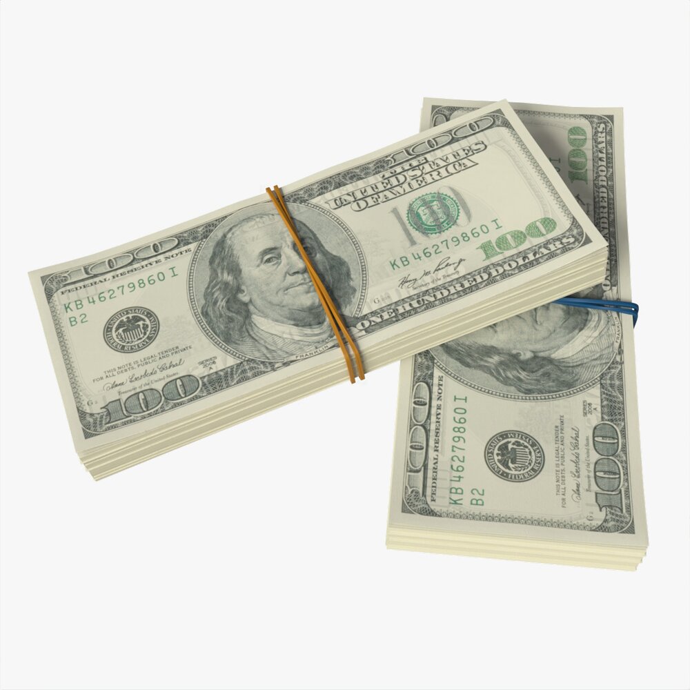 American Dollar Bundles Tied With Rubbers 3D 모델 