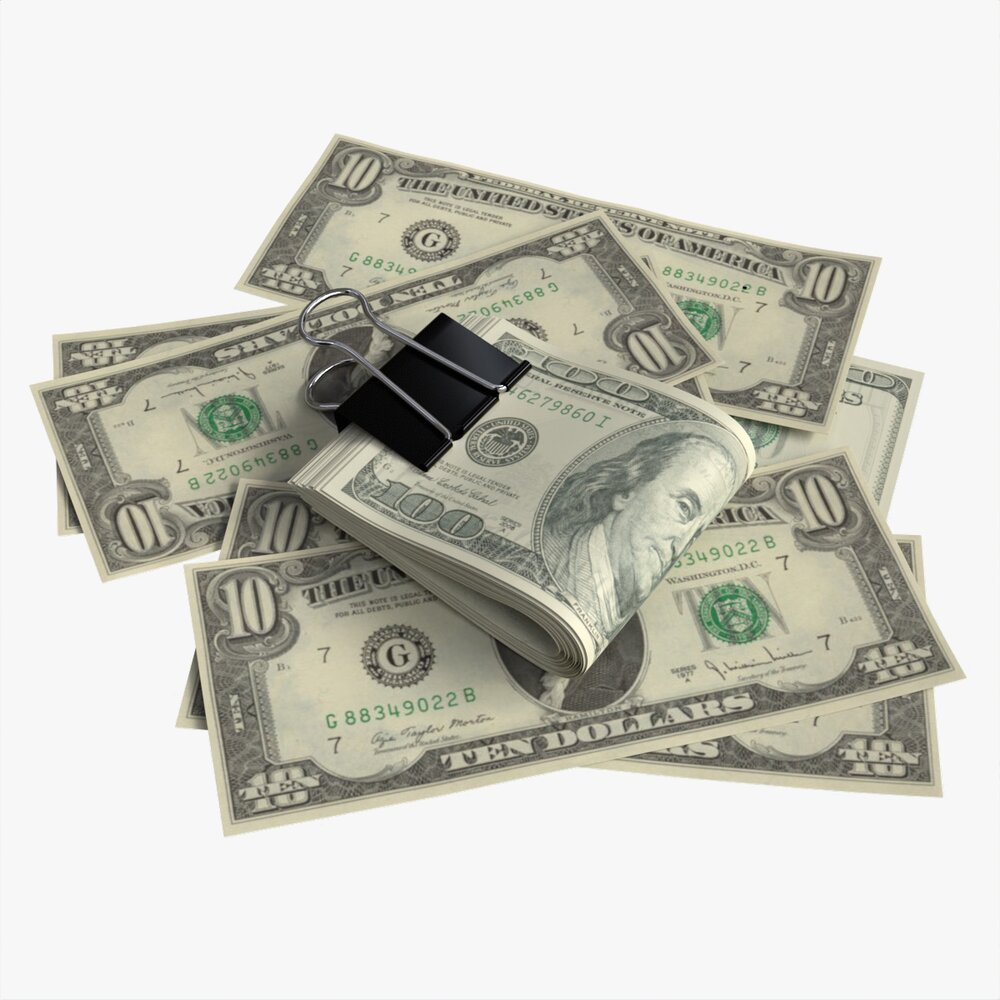 American Dollars Folded With Clip 02 3D model