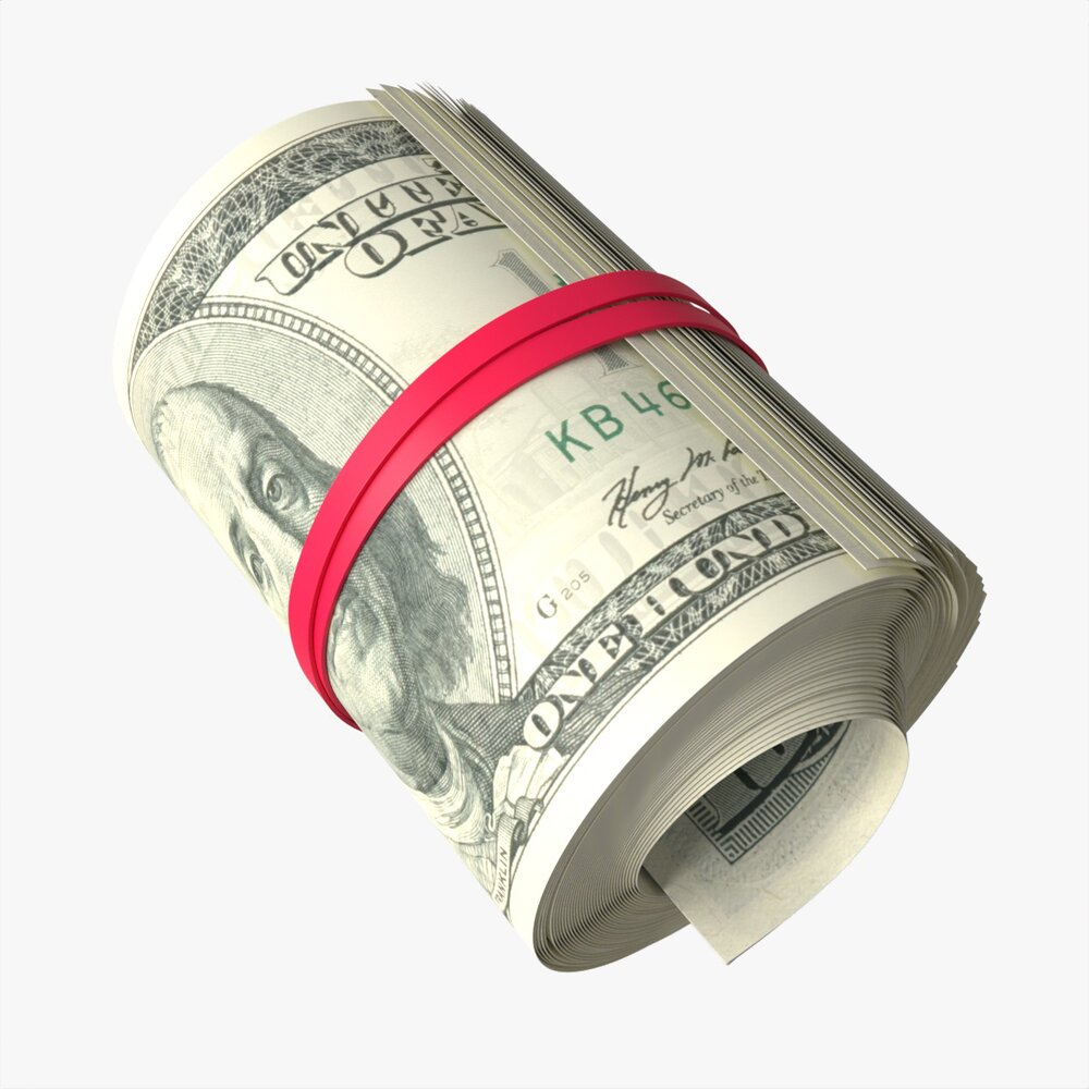 American Dollars Roll Tied With Rubbers 3D model
