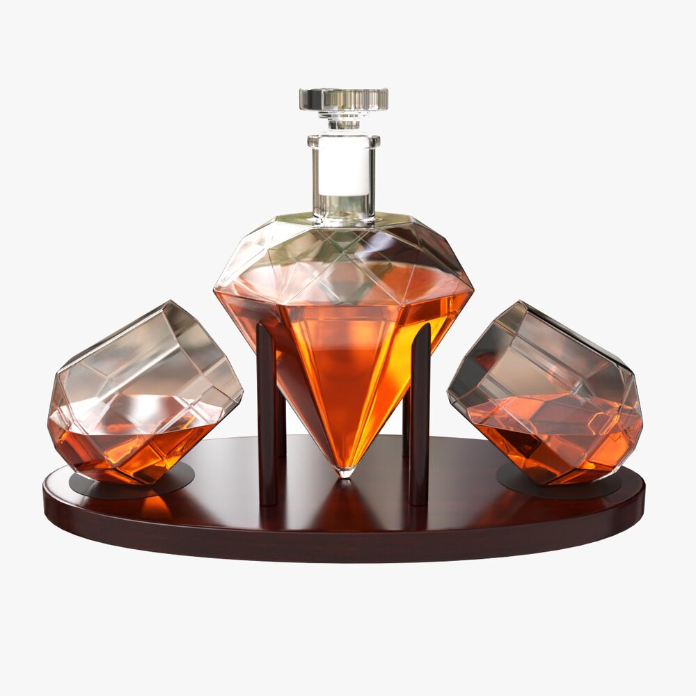 Diamond Whisky Decanter With Glasses And Wooden Holder Modèle 3D