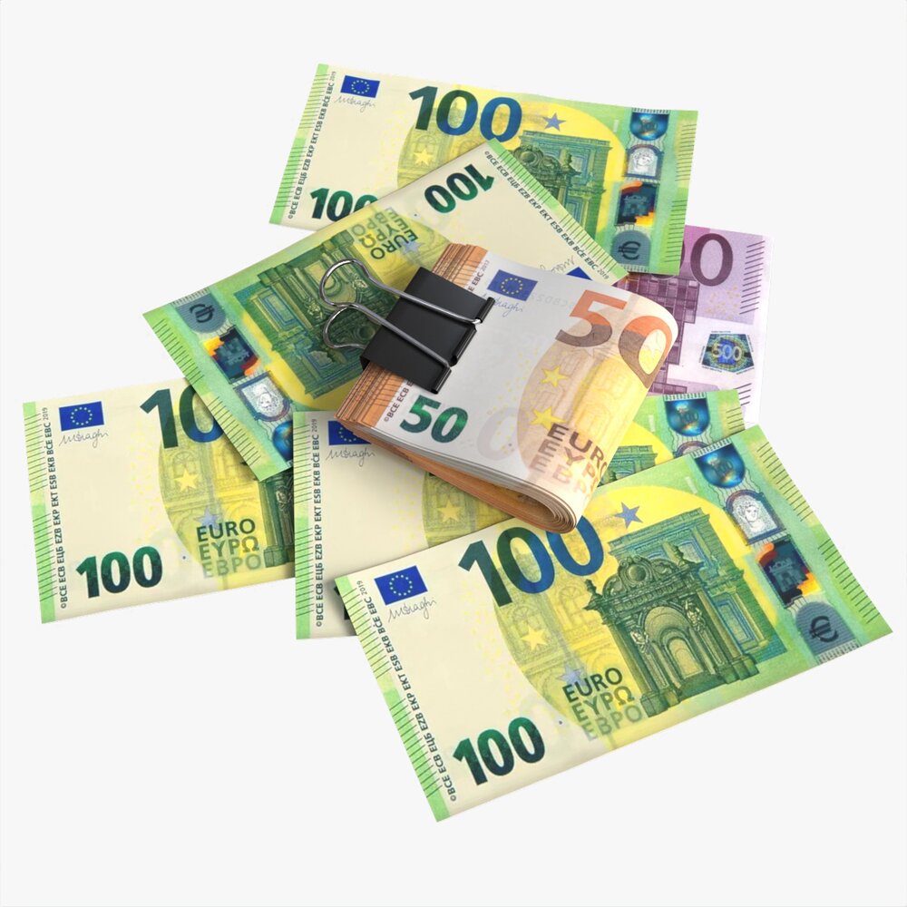 Euro Banknotes Folded With Clip 02 3D model