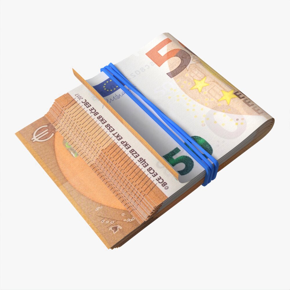 Euro Banknote Stack Tied With Rubber 3D 모델 