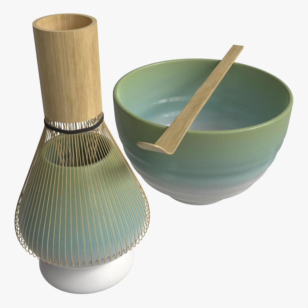 Matcha Tea Set Bowl Whisk Spoon 3D 모델 