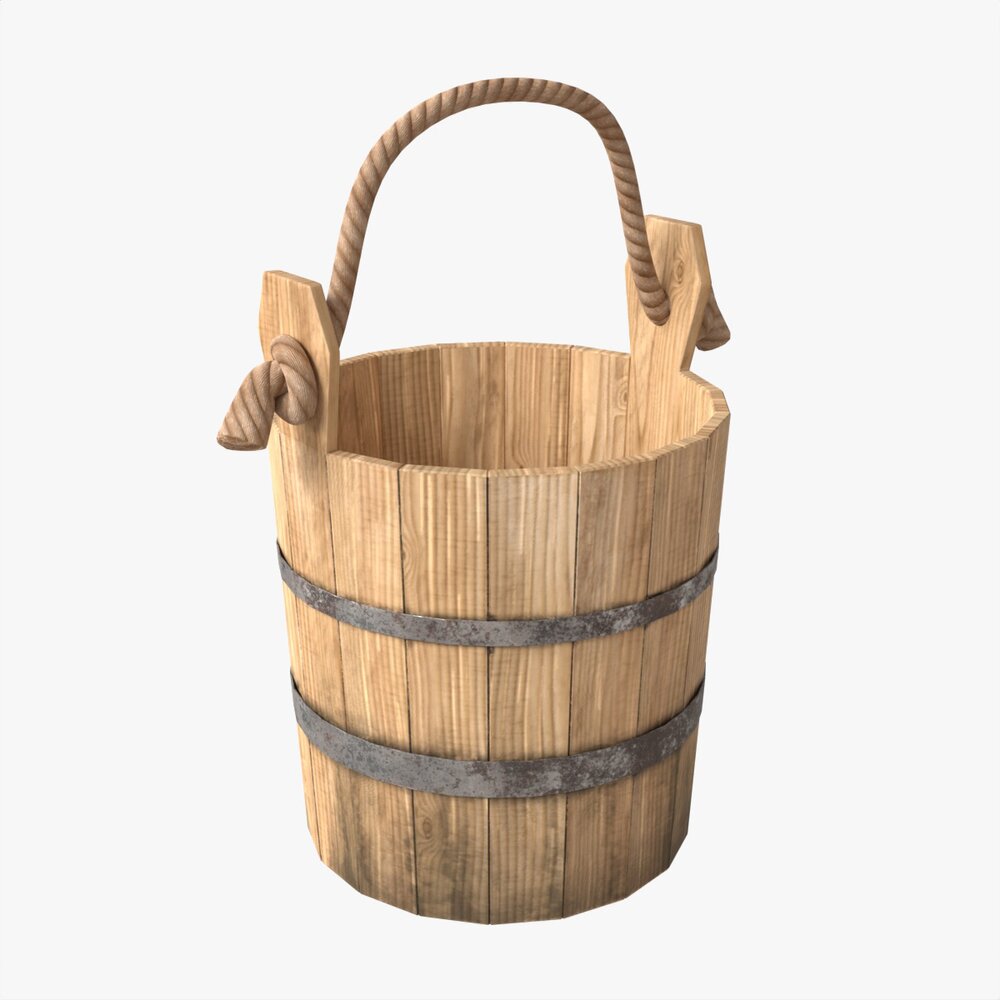 Old Wooden Bucket With Rope Handle 3D модель