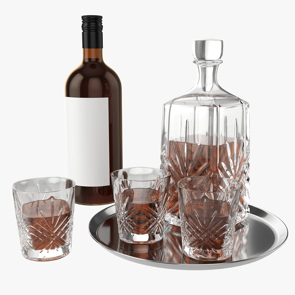 Whiskey Set On Tray Decanter Bottle And Glasses 3D model