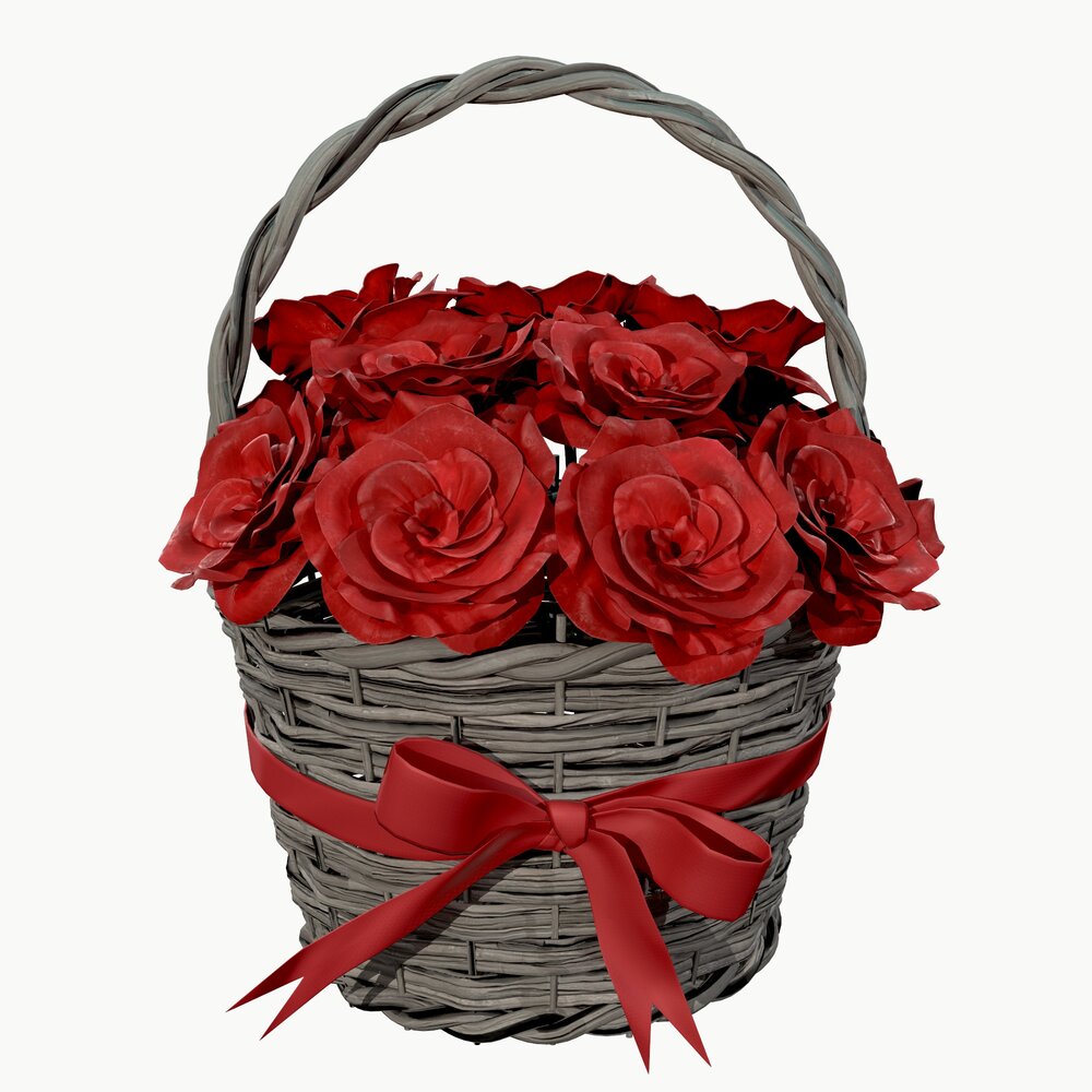 Bouquet Of Red Roses In Wicker Basket 3D model
