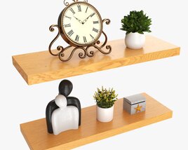 Floating Wooden Shelves With Decorations And Plants 3D model