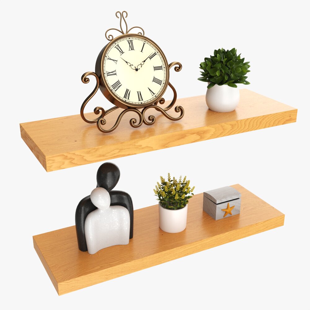 Floating Wooden Shelves With Decorations And Plants Modèle 3d
