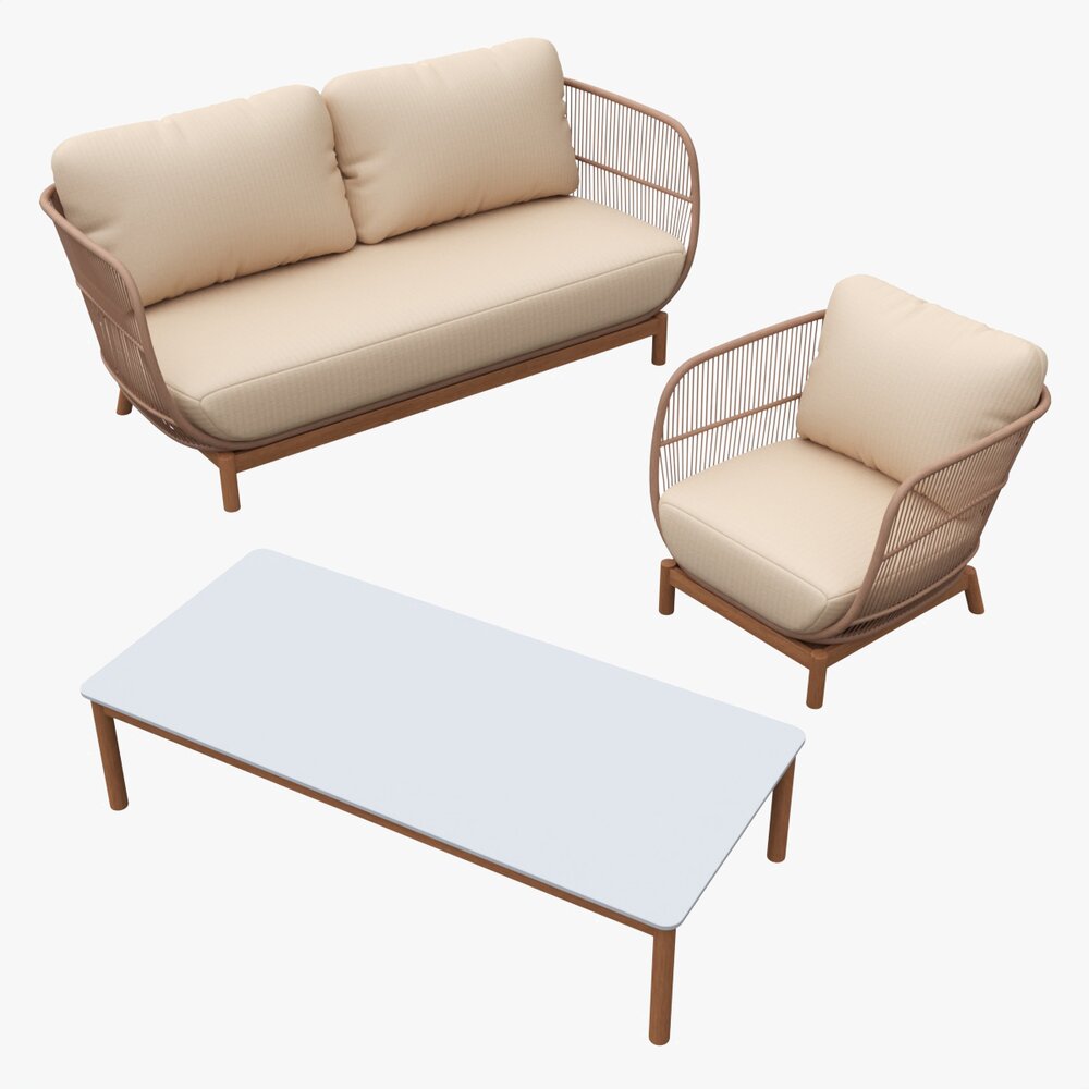 Outdoor Set 3 Seater Sofa Chair Coffee Table 01 3D模型