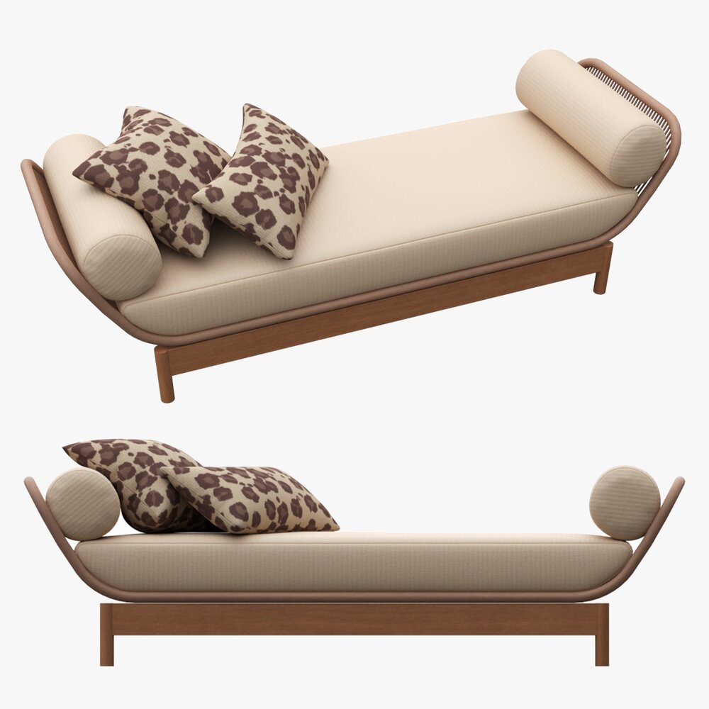 Outdoor Wood Sun Lounger With Cushions 01 3D 모델 