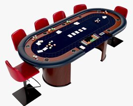 Poker Table Rectangular Curved Corners Full Set With Chairs 3D 모델 