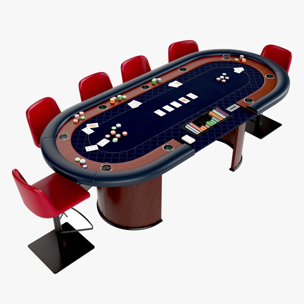 Poker Table Rectangular Curved Corners Full Set With Chairs 3D模型