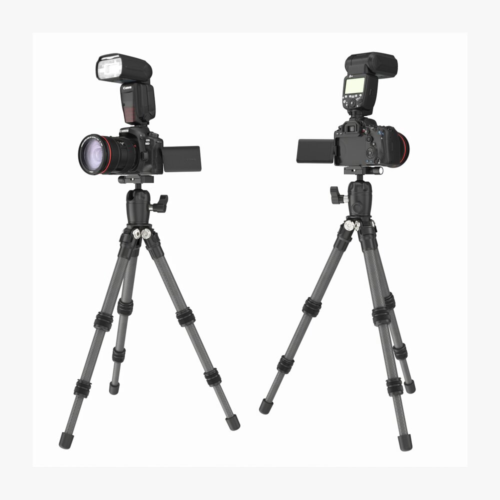 Canon DSLR Camera With Flash On A Tripod 3D 모델 