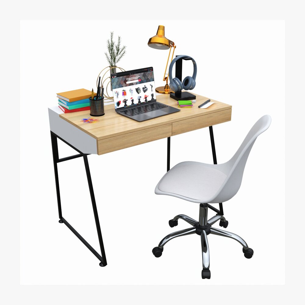 Study Desk With Laptop Modelo 3d
