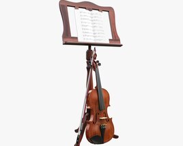Violin With Bow And Wooden Music Note Stand 3D model