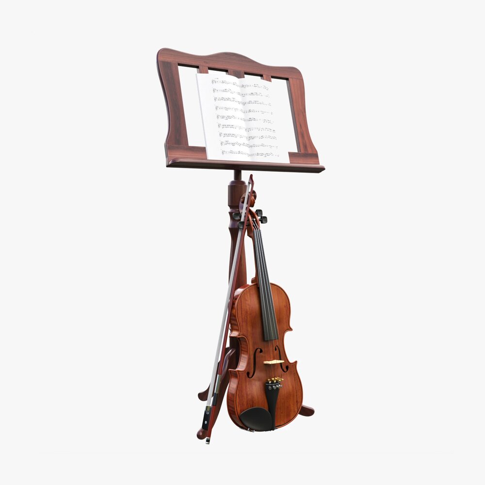 Violin With Bow And Wooden Music Note Stand Modèle 3D