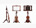 Violin With Bow And Wooden Music Note Stand 3D模型