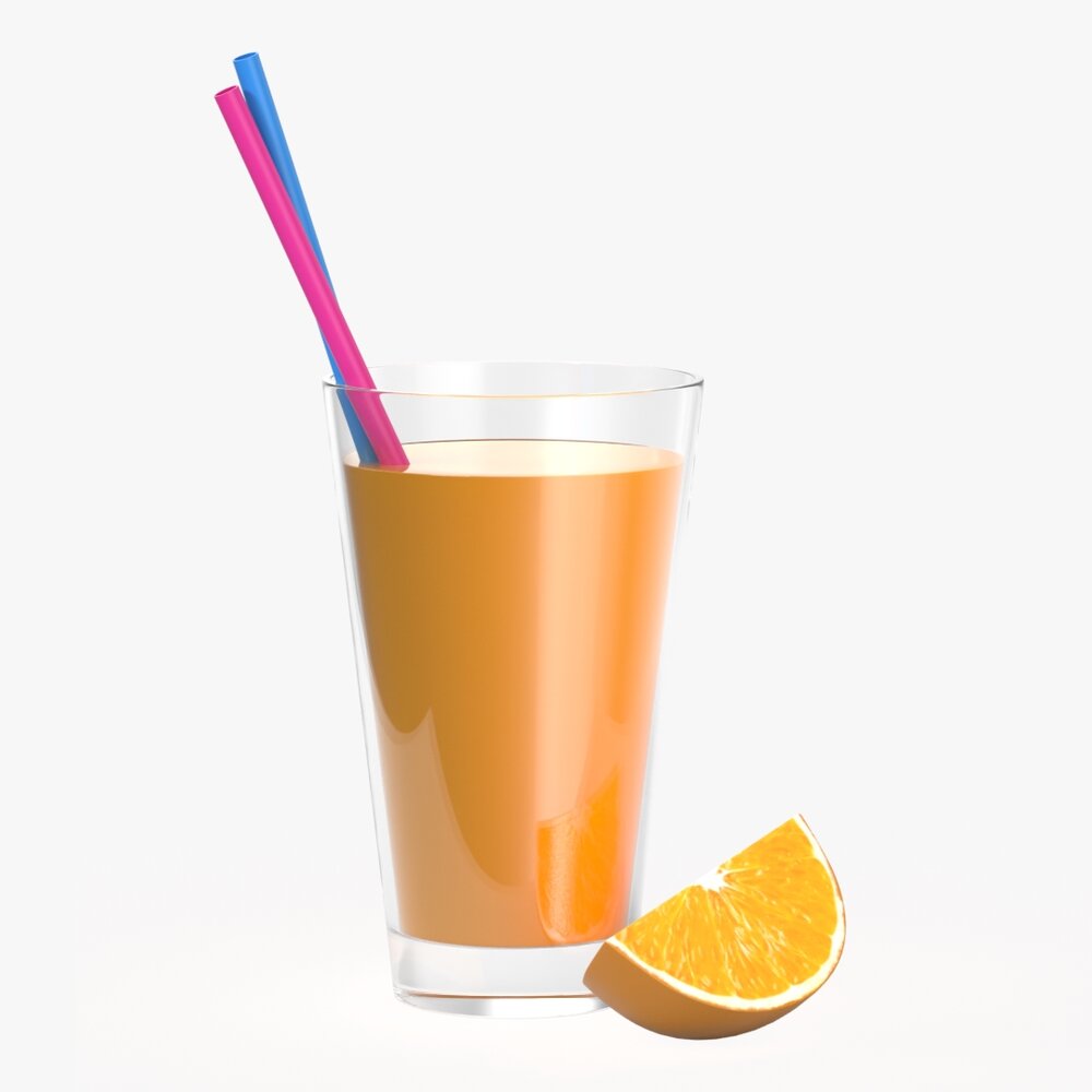 Glass With Orange Juice Straws and Orange Slice Modèle 3D
