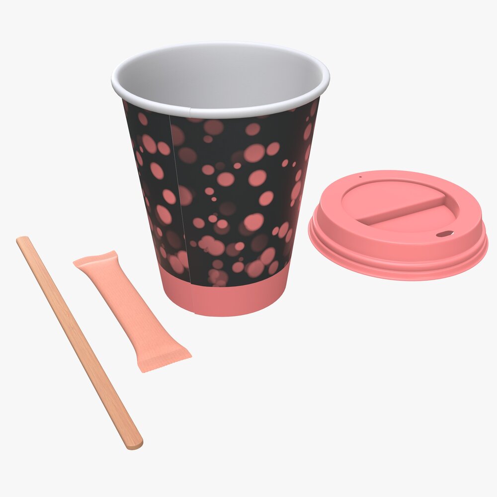 Paper Coffee Cup Plastic Lid Sugar Package Wooden Stick 3D 모델 