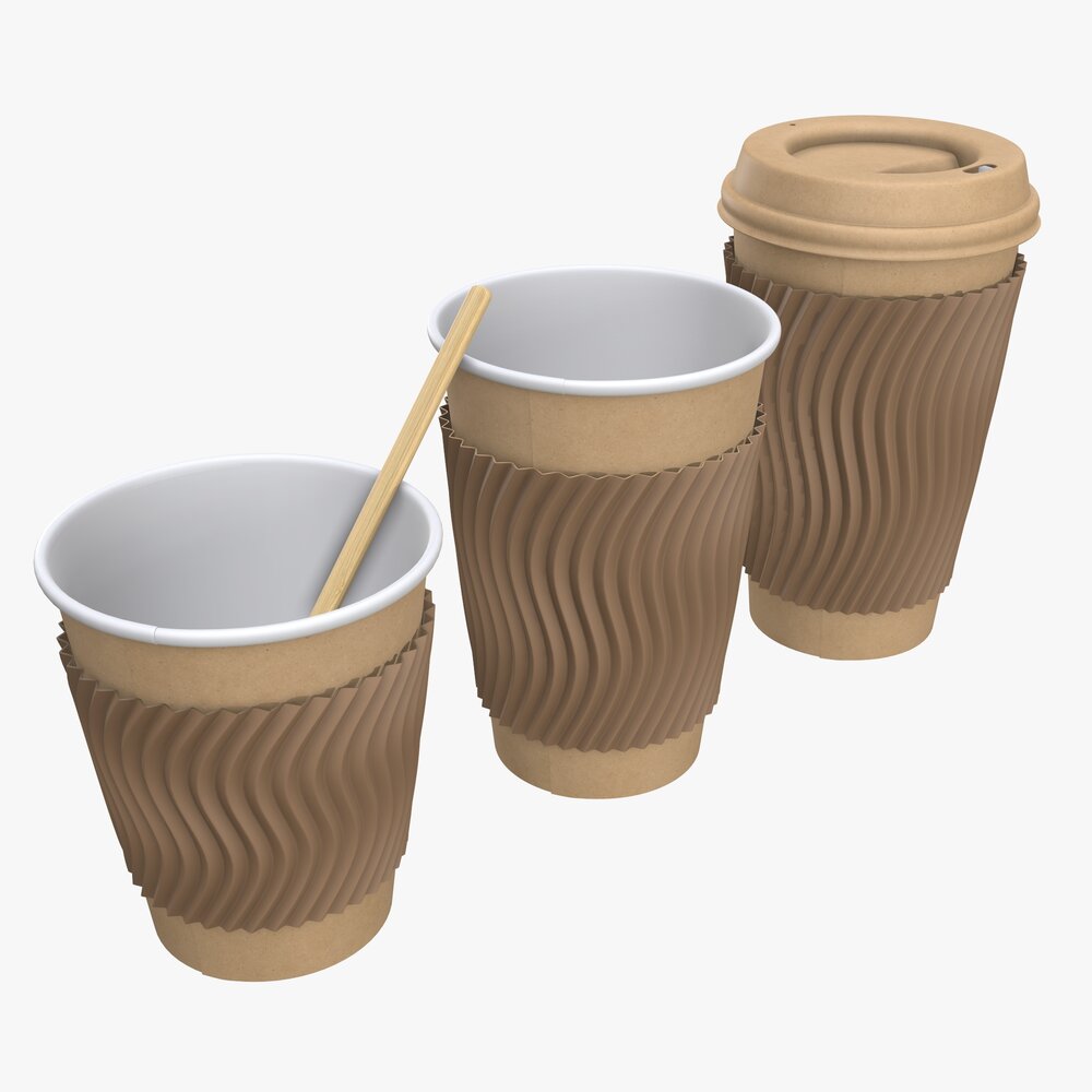 Biodegradable Paper Coffee Cup Cardboard with Lid and Sleeve 3D模型