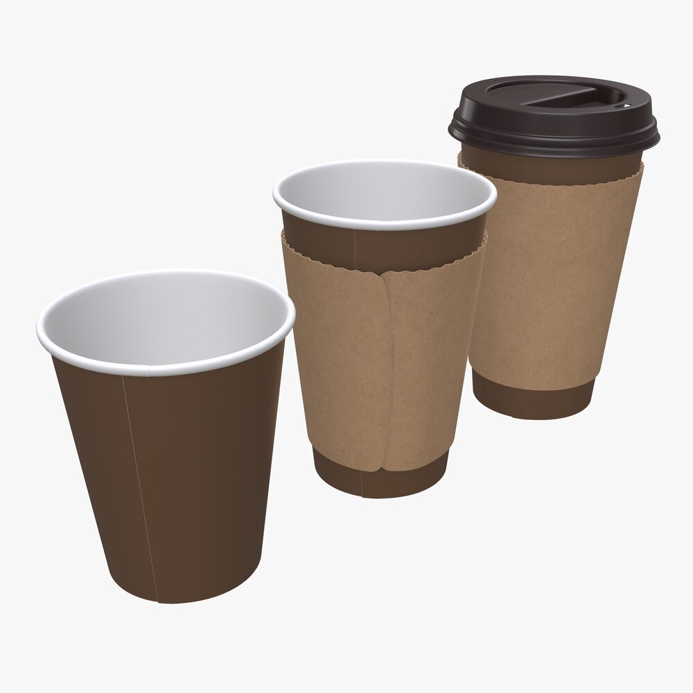 Recycled Paper Coffee Cup with Sleeve and Plastic Lid 3D-Modell
